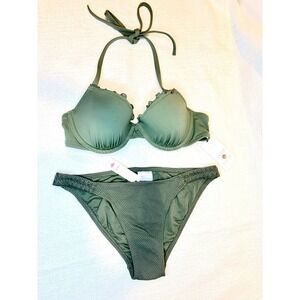 NWT lLined Ruffle Ribbed Bikini Top &  Pique Crochet Cheeky Bikini Bottom